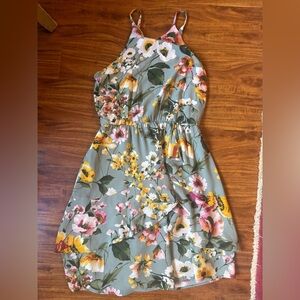 Iz Byer Floral A-Line Sundress in Sage Green, Pink & Yellow